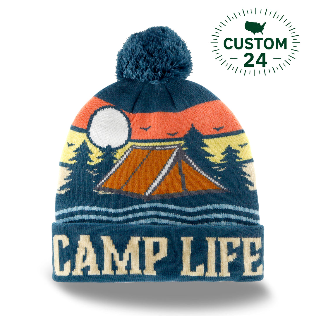 Camp Life Knit Beanie with Pom Pom, Outdoor Camping Winter Hat