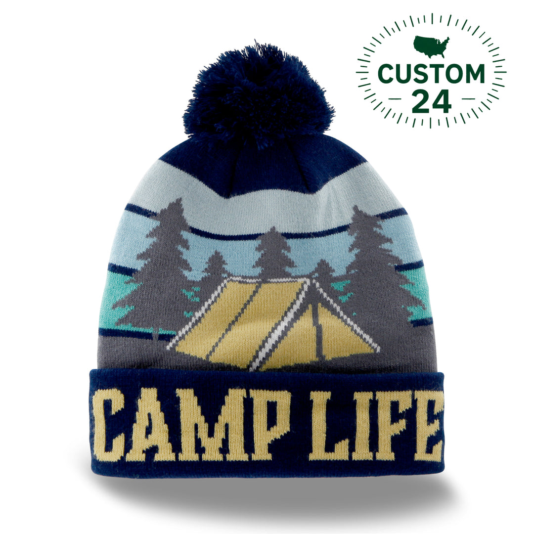 Camp Life Beanie Hat with Tent Forest Trees Knit Pom Winter Outdoor Cap