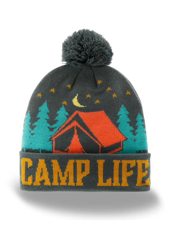 Camp Life Beanie Hat Outdoor Camping Knit Cap with Tent Moon Night Sky Pom Pom