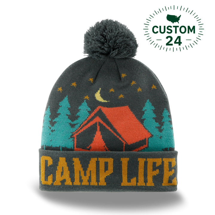 Camp Life Beanie Hat Outdoor Camping Knit Cap with Tent Moon Night Sky Pom Pom
