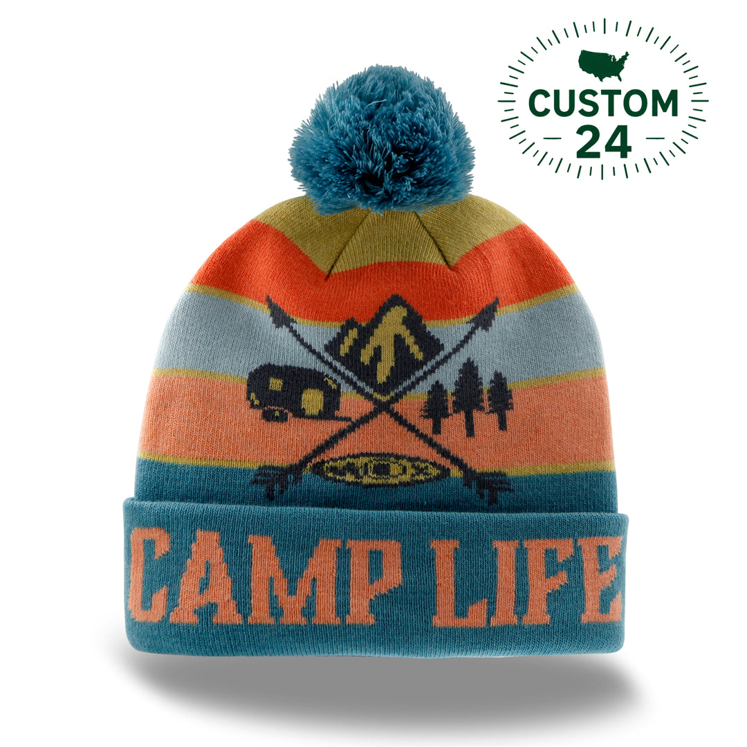 Camp Life Beanie Hat with Pom Pom Winter Knit Cap Outdoor Camping Adventure Hat