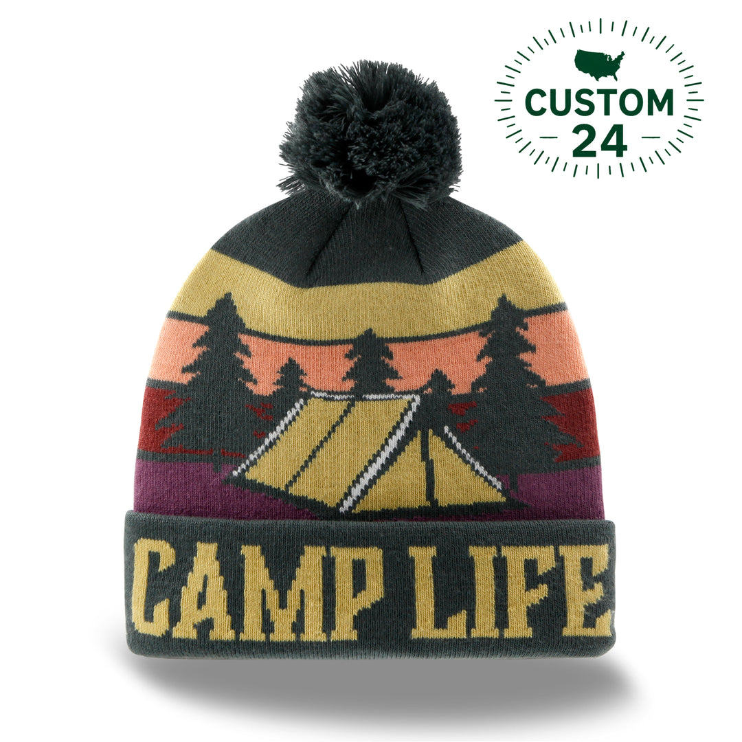 Camp Life Camping Knit Beanie Hat with Tent Design Pom Pom Winter Outdoor Cap