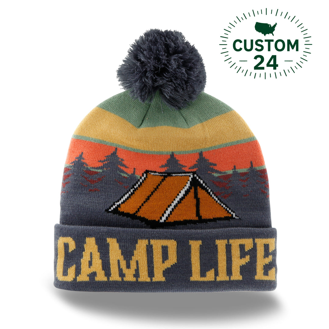 Camp Life Beanie with Tent and Forest Design, Warm Knit Hat for Camping Hiking