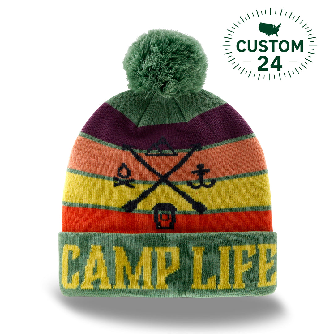 Camp Life Knit Beanie with Pom Pom Winter Hat for Camping and Outdoor Adventure
