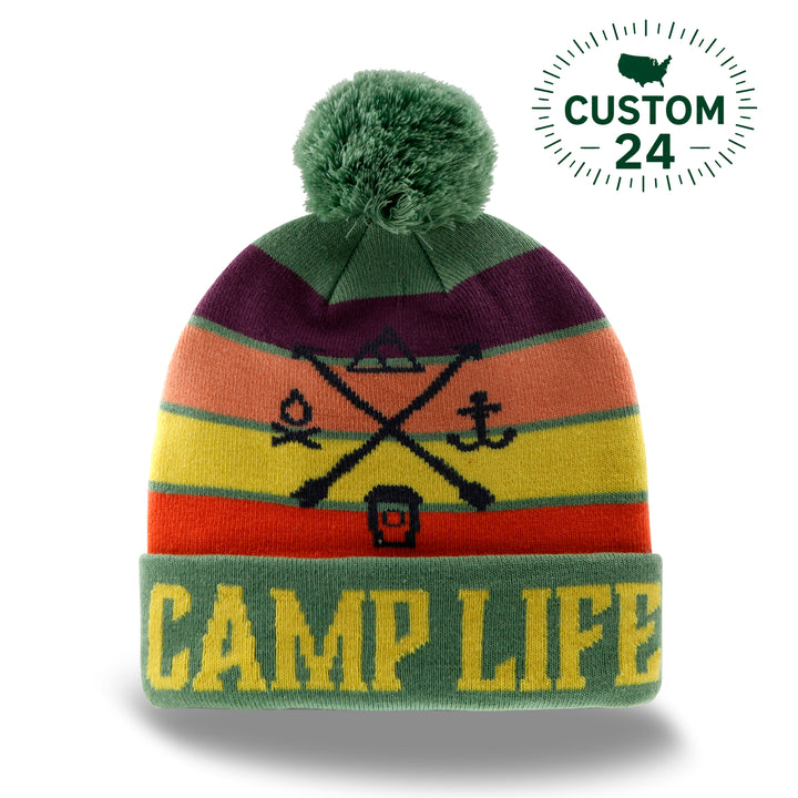 Camp Life Knit Beanie with Pom Pom Winter Hat for Camping and Outdoor Adventure