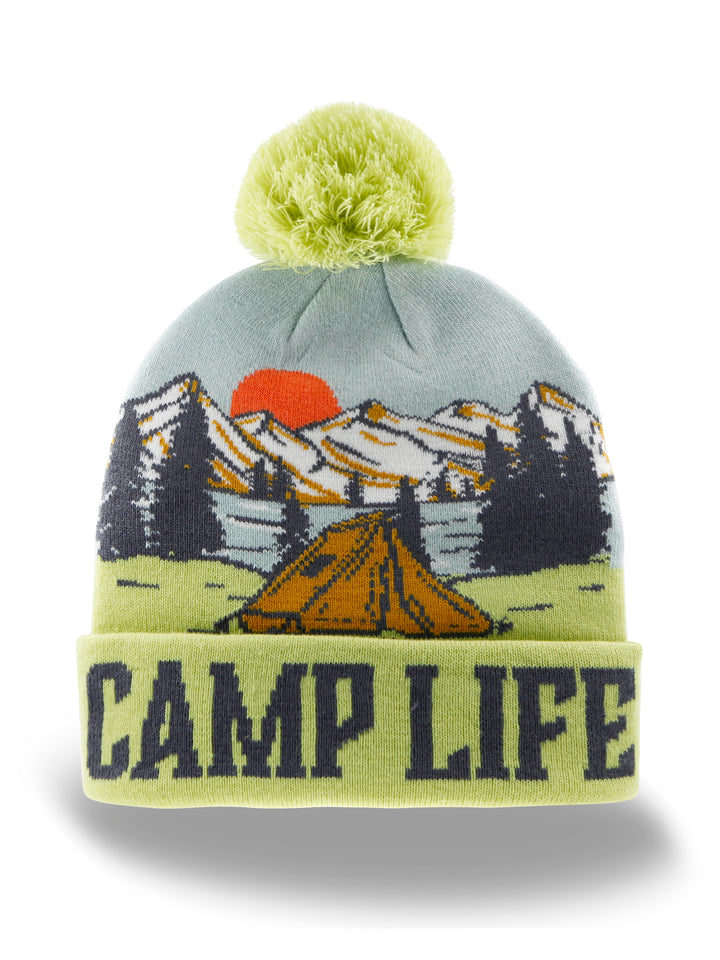 Camp Life Beanie Hat Outdoor Camping Knit Cap with Tent Mountain Sunset Pom Pom