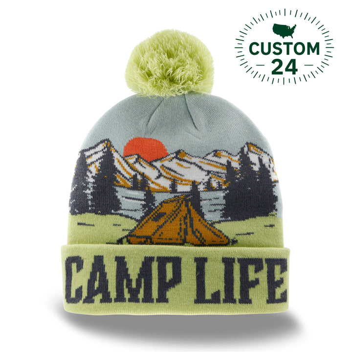 Camp Life Beanie Hat Outdoor Camping Knit Cap with Tent Mountain Sunset Pom Pom