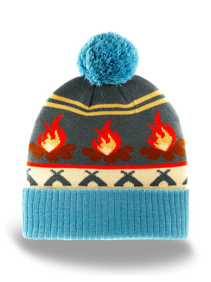 Campfire Beanie Hat with Pom Pom Winter Knit Cap Outdoor Camping Bonfire Warm Hat