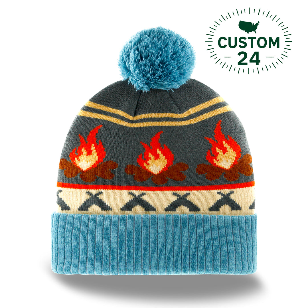 Campfire Beanie Hat with Pom Pom Winter Knit Cap Outdoor Camping Bonfire Warm Hat