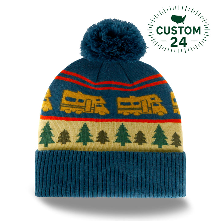 RV Camper Knit Beanie Hat with Pom Pom Outdoor Winter Camping Adventure Cap