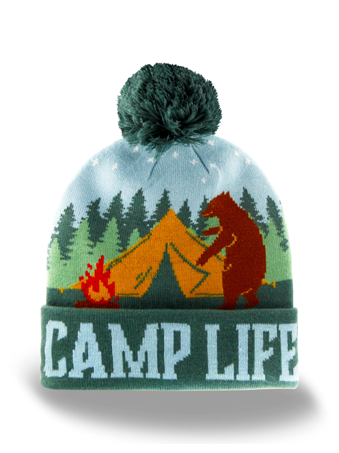 Camp Life Beanie with Bear, Tent and Campfire Design, Warm Knit Hat for Hiking