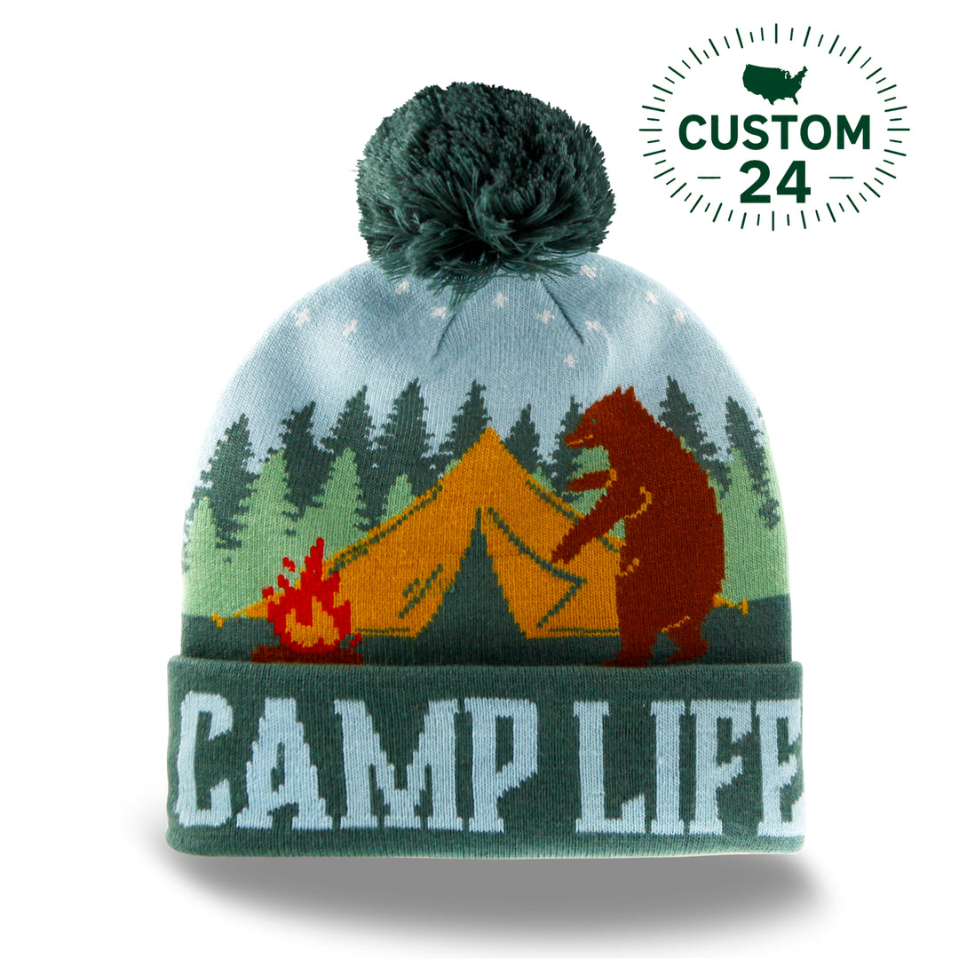 Camp Life Beanie with Bear, Tent and Campfire Design, Warm Knit Hat for Hiking
