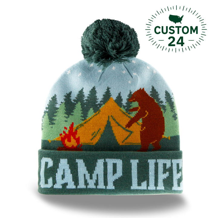 Camp Life Beanie with Bear, Tent and Campfire Design, Warm Knit Hat for Hiking
