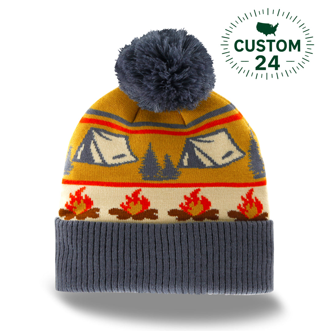 Camping Beanie with Tents and Campfire Pattern, Warm Winter Knit Hat for Outdoor Hiking