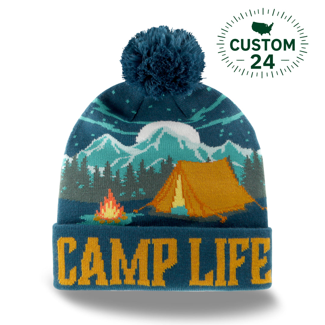 Camp Life Beanie Hat with Tent Bonfire Mountain Winter Knit Pom