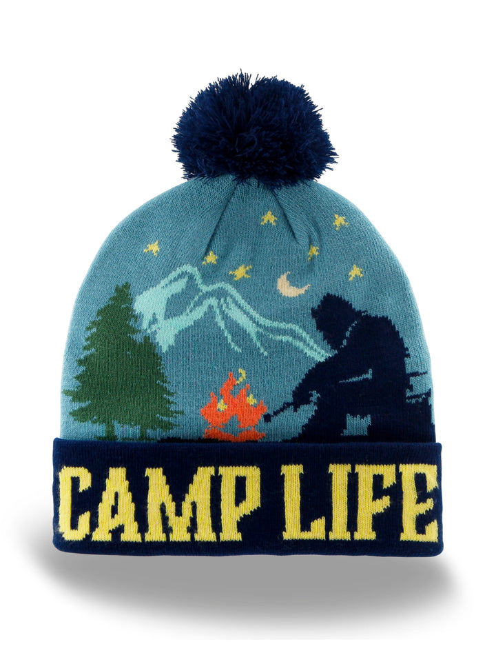 Camp Life Beanie Hat Outdoor Hiking Camping Knit Cap with Mountain Fire Design