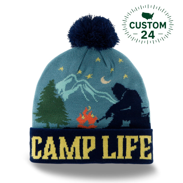 Camp Life Beanie Hat Outdoor Hiking Camping Knit Cap with Mountain Fire Design
