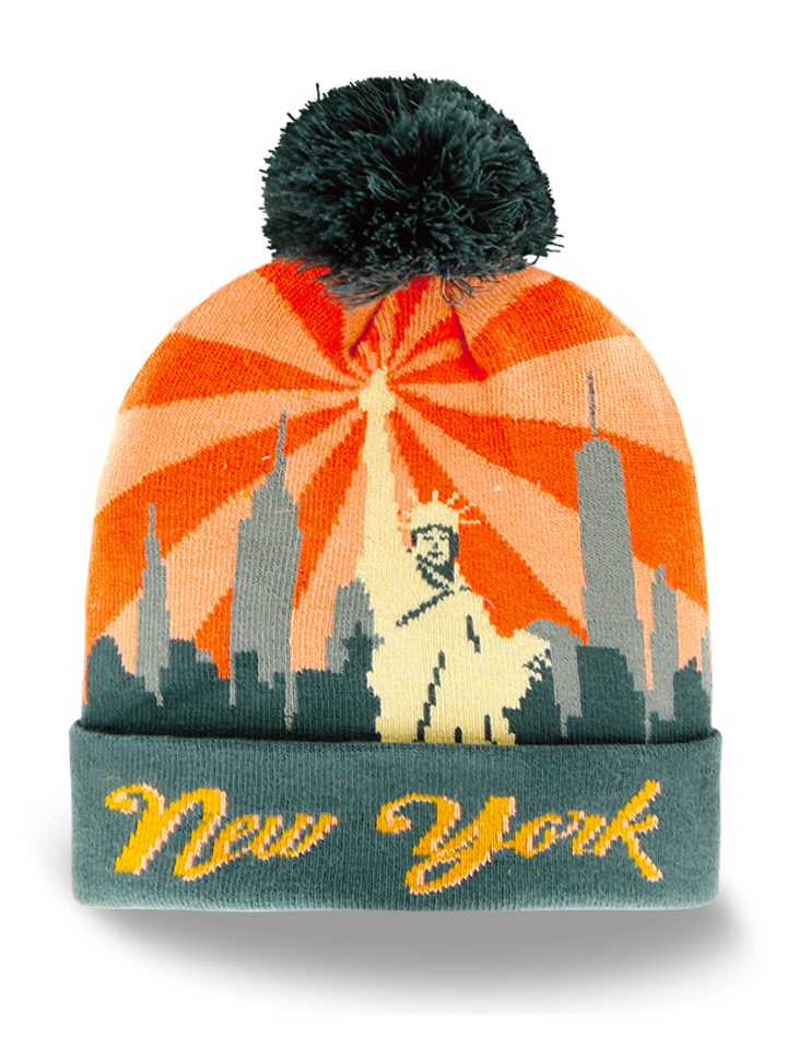 New York Liberty Statue Knit Beanie Hat with Pom Pom Winter Cap