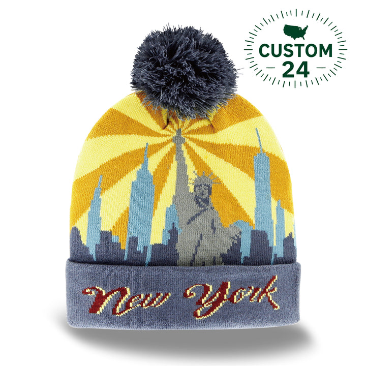 New York Liberty Statue Knit Beanie Hat with Pom Pom Winter Cap