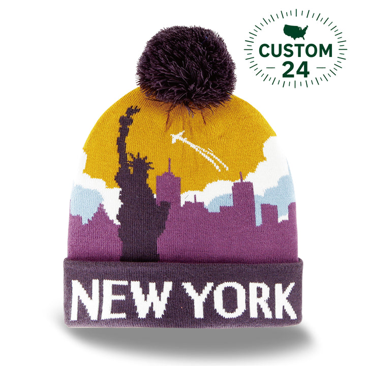 New York City Skyline Knit Beanie Hat with Statue of Liberty Pom Pom