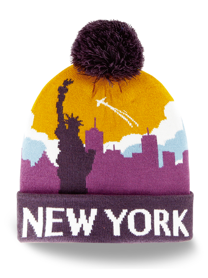 New York City Skyline Knit Beanie Hat with Statue of Liberty Pom Pom