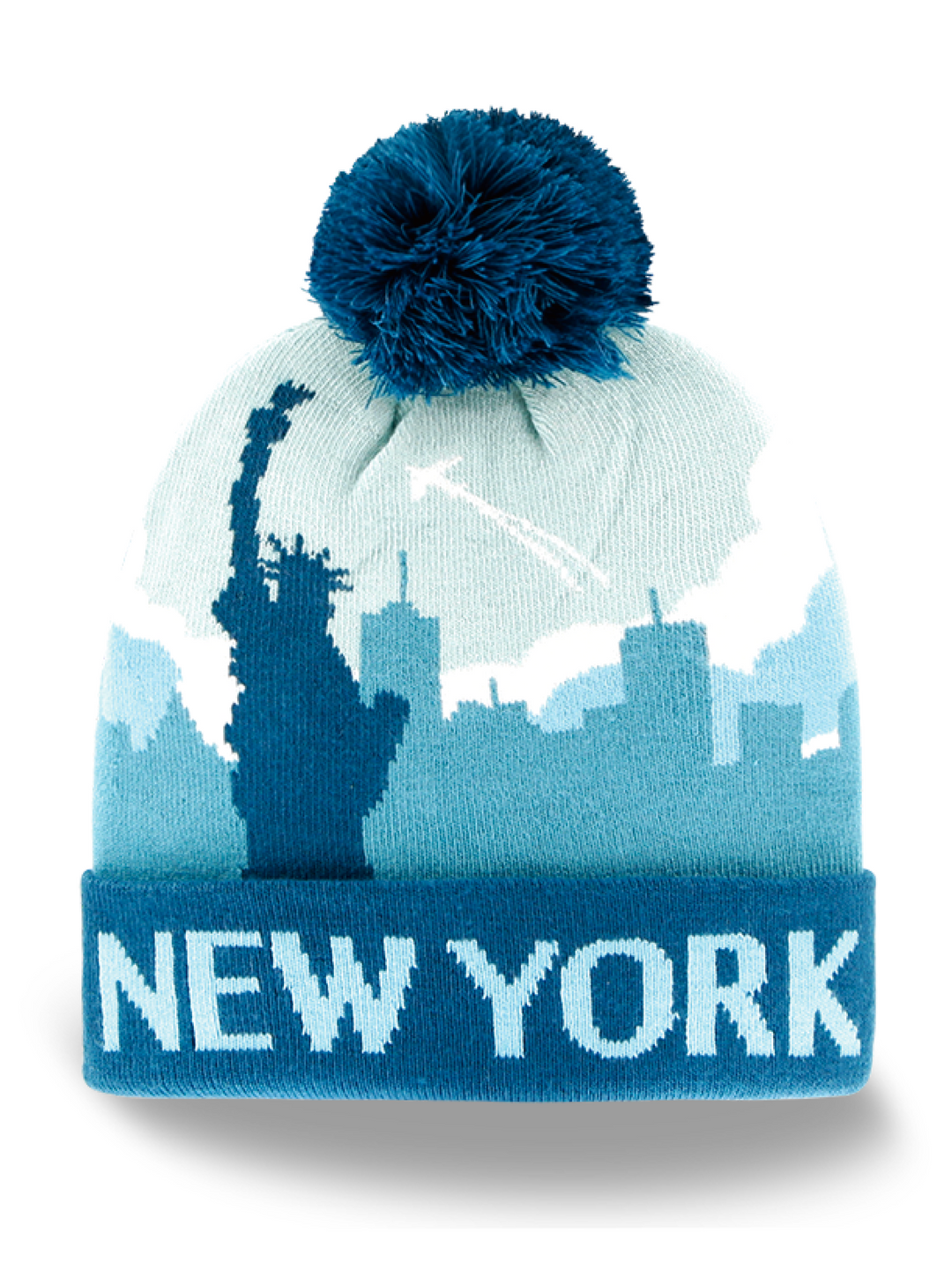 New York City Skyline Knit Beanie Hat with Statue of Liberty Pom Pom