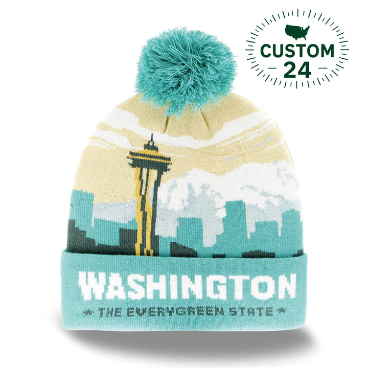 Washington State Skyline Knit Beanie Hat with Space Needle Pom Pom