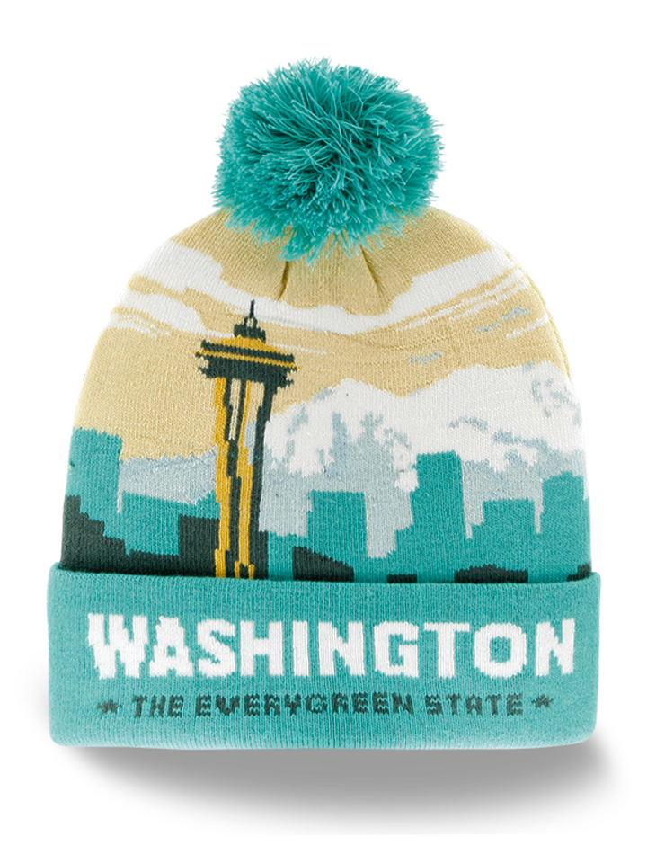 Washington State Skyline Knit Beanie Hat with Space Needle Pom Pom