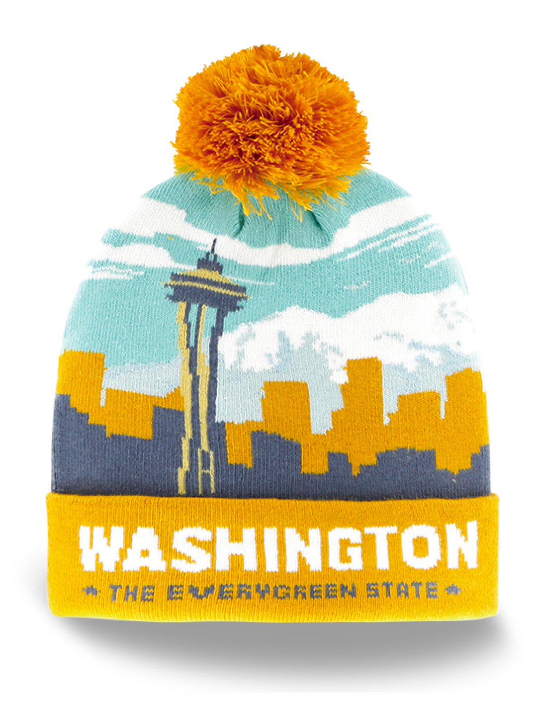 Washington State Skyline Knit Beanie Hat with Space Needle Pom Pom