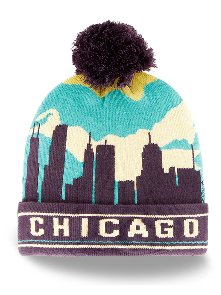Chicago City Skyline Knit Beanie Hat with Pom Pom Winter Cap
