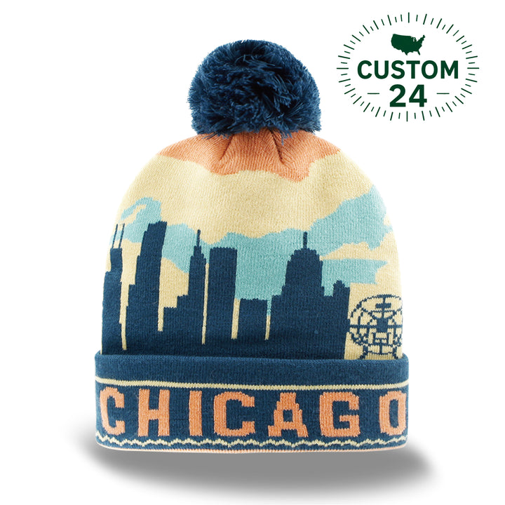 Chicago City Skyline Knit Beanie Hat with Pom Pom Winter Cap