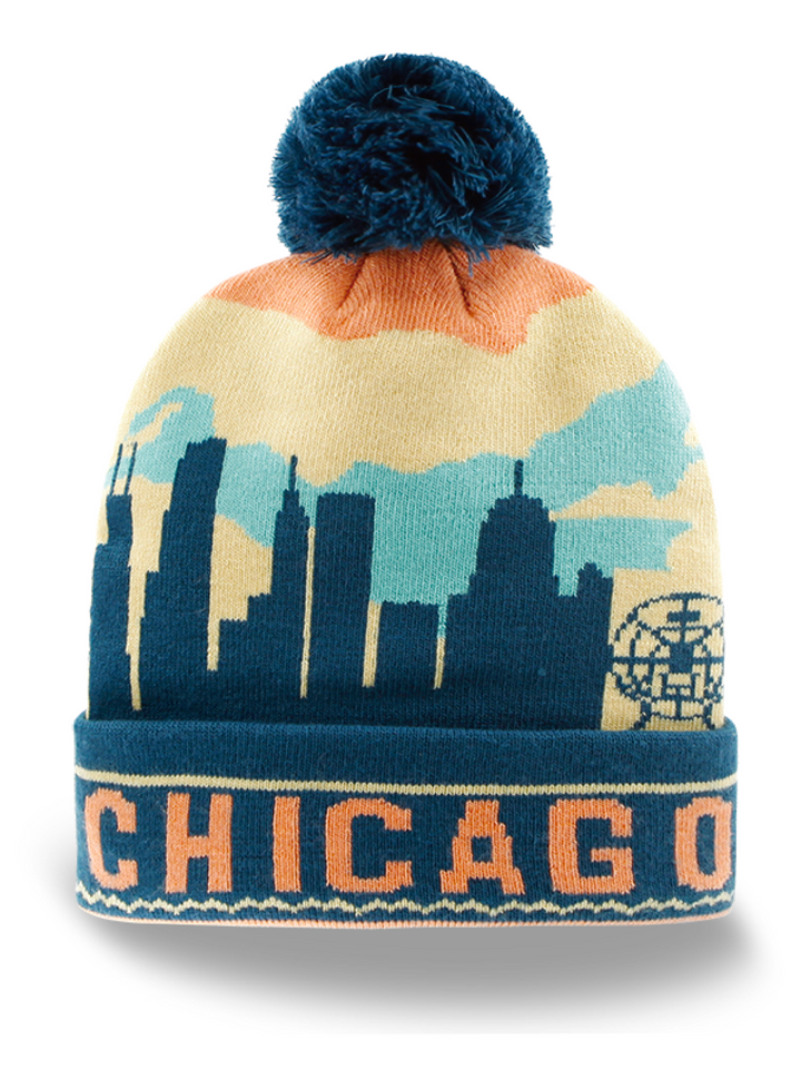 Chicago City Skyline Knit Beanie Hat with Pom Pom Winter Cap