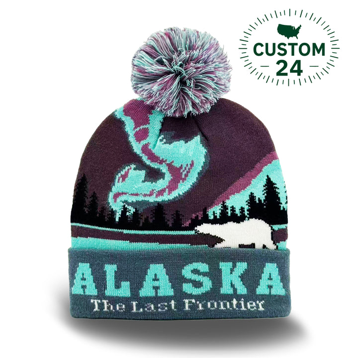 Alaska Northern Lights Polar Bear Knit Beanie with Arctic Scenery