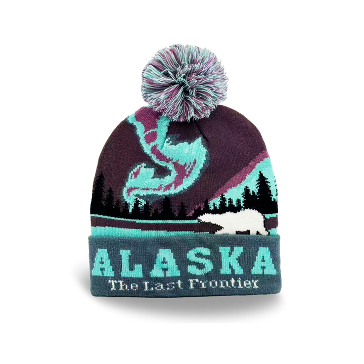 Alaska Northern Lights Polar Bear Knit Beanie with Arctic Scenery