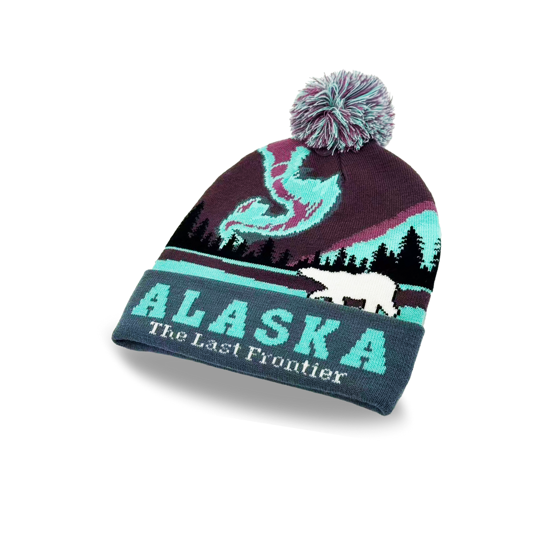 Alaska Northern Lights Polar Bear Knit Beanie with Arctic Scenery