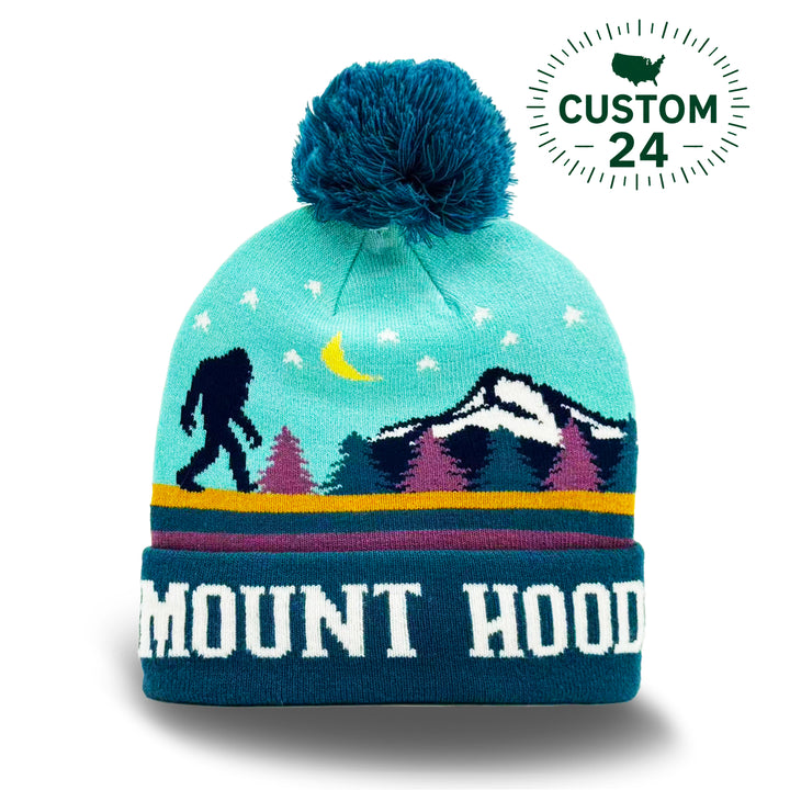 Mount Hood Bigfoot Night Sky Knit Beanie with Mountain Scenery
