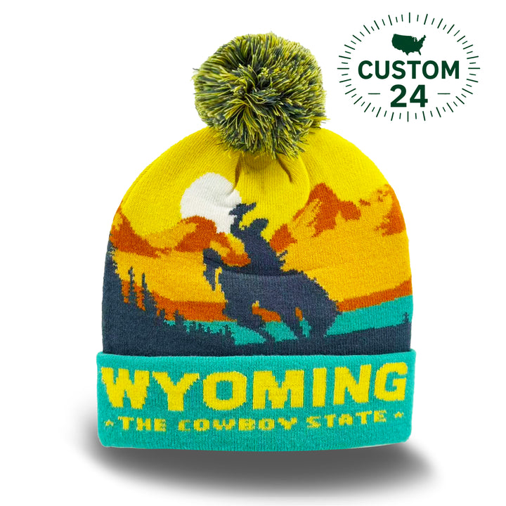 Wyoming Cowboy State Sunset Knit Beanie with Western Scenery