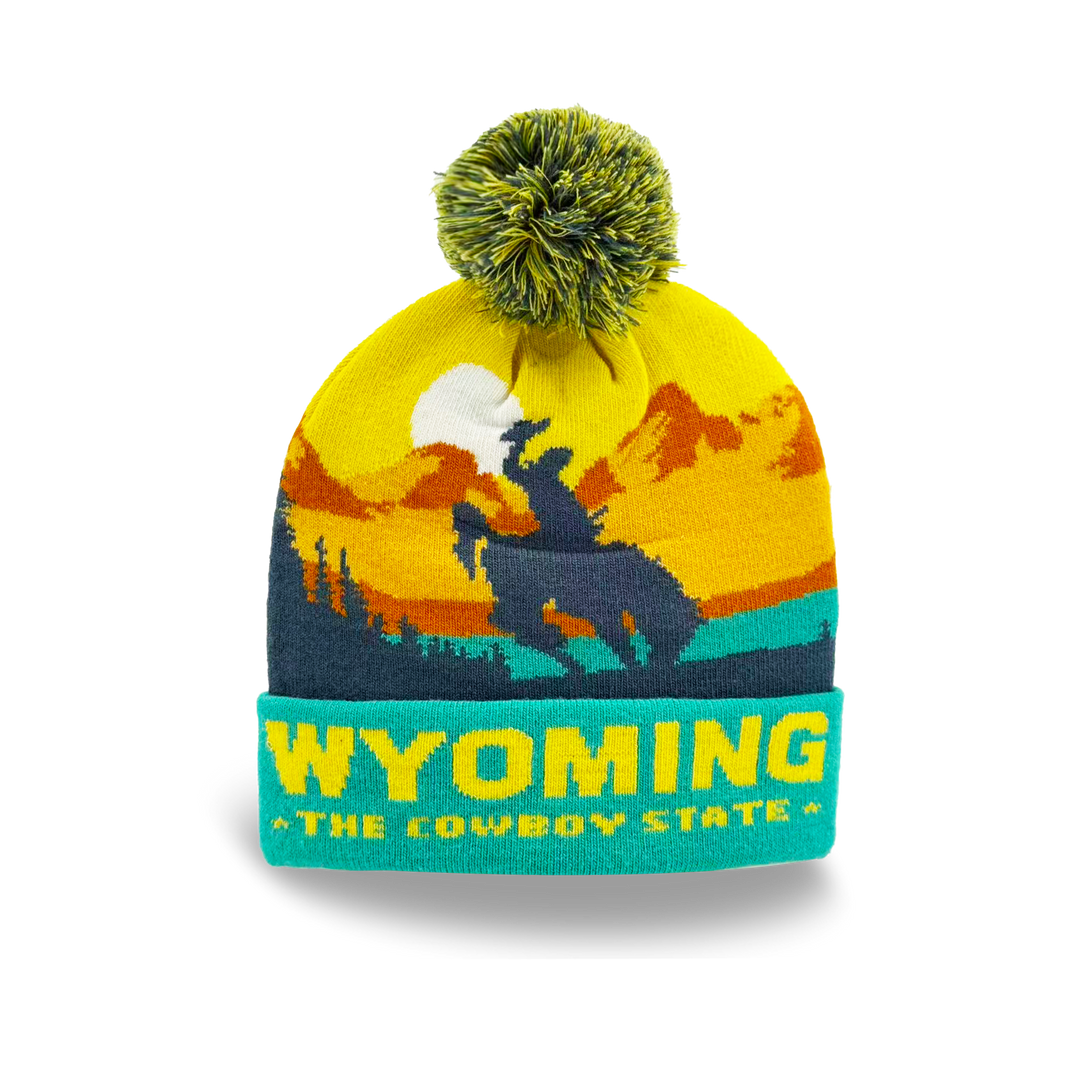 Wyoming Cowboy State Sunset Knit Beanie with Western Scenery