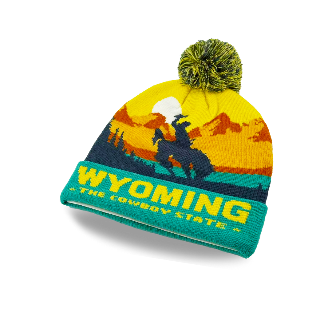Wyoming Cowboy State Sunset Knit Beanie with Western Scenery