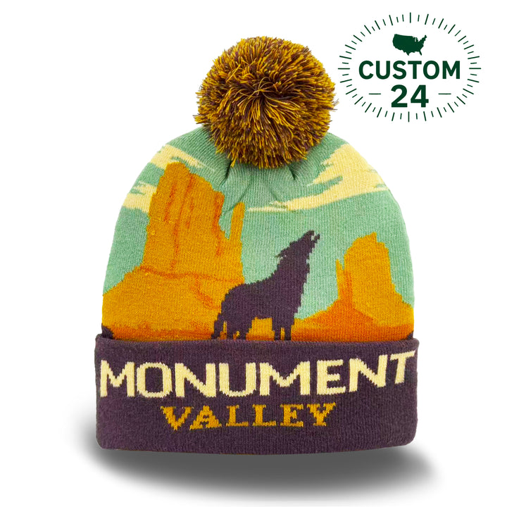 Monument Valley Desert Landscape Knit Beanie with Howling Wolf