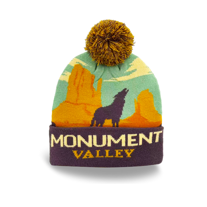 Monument Valley Desert Landscape Knit Beanie with Howling Wolf