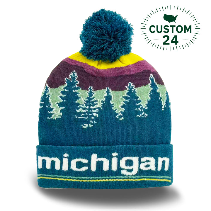 Michigan Forest Sunset Knit Beanie with Pine Tree Landscape