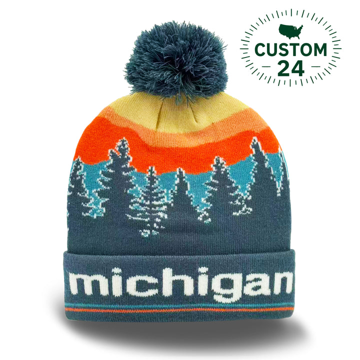 Michigan Sunset Forest Knit Beanie with Pine Tree Landscape