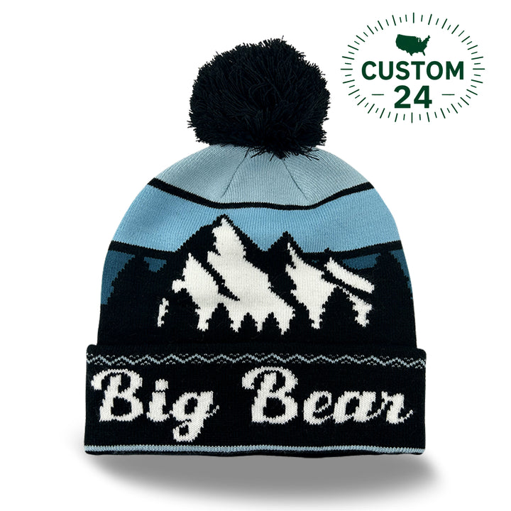 Big Bear Souvenir Knit Beanie Hat with Mountain Landscape and Pom Pom Top