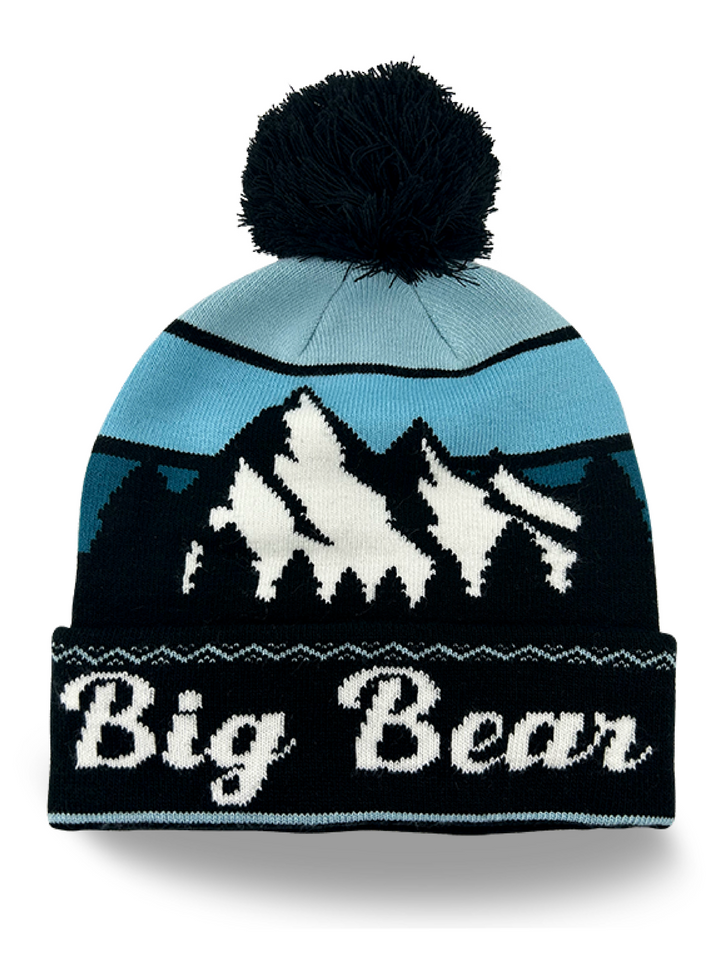 Big Bear Souvenir Knit Beanie Hat with Mountain Landscape and Pom Pom Top