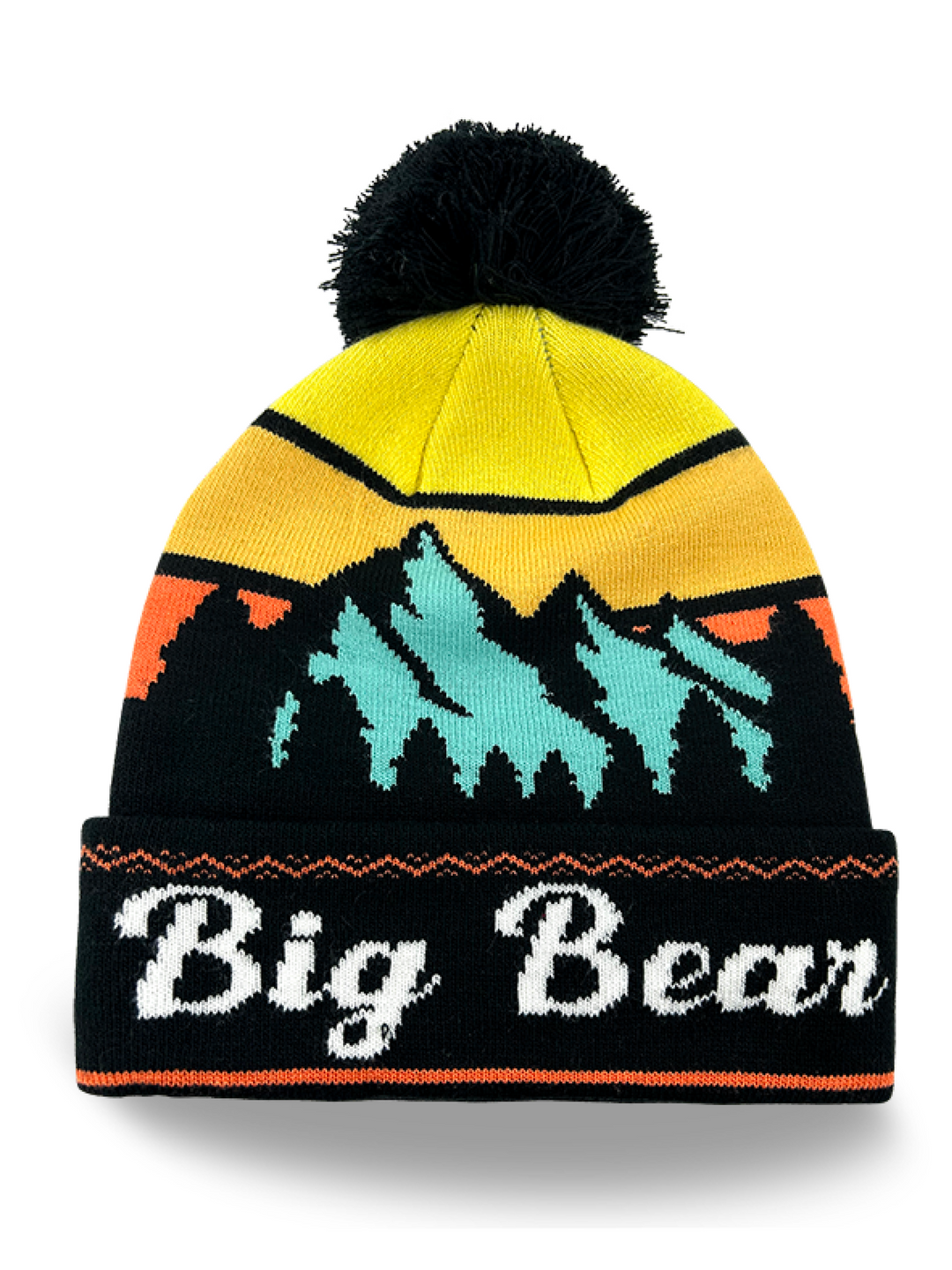 Big Bear Souvenir Knit Beanie Hat with Mountain Landscape and Pom Pom Top