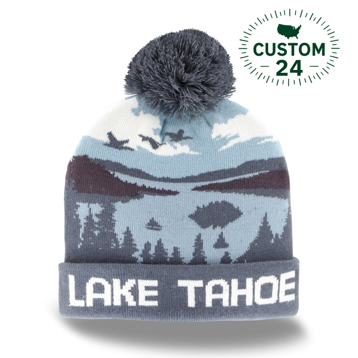 Lake Tahoe Scenic Knit Beanie with Pom Pom Nature Landscape Winter Hat