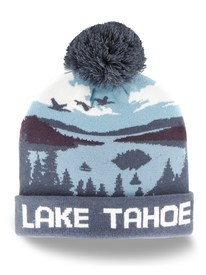 Lake Tahoe Scenic Knit Beanie with Pom Pom Nature Landscape Winter Hat