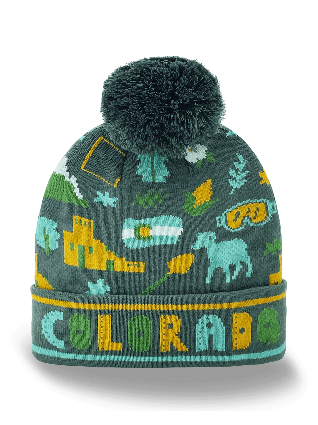 Colorado Knit Beanie Winter Hat with Mountain Icons Skiing Design Pom Pom