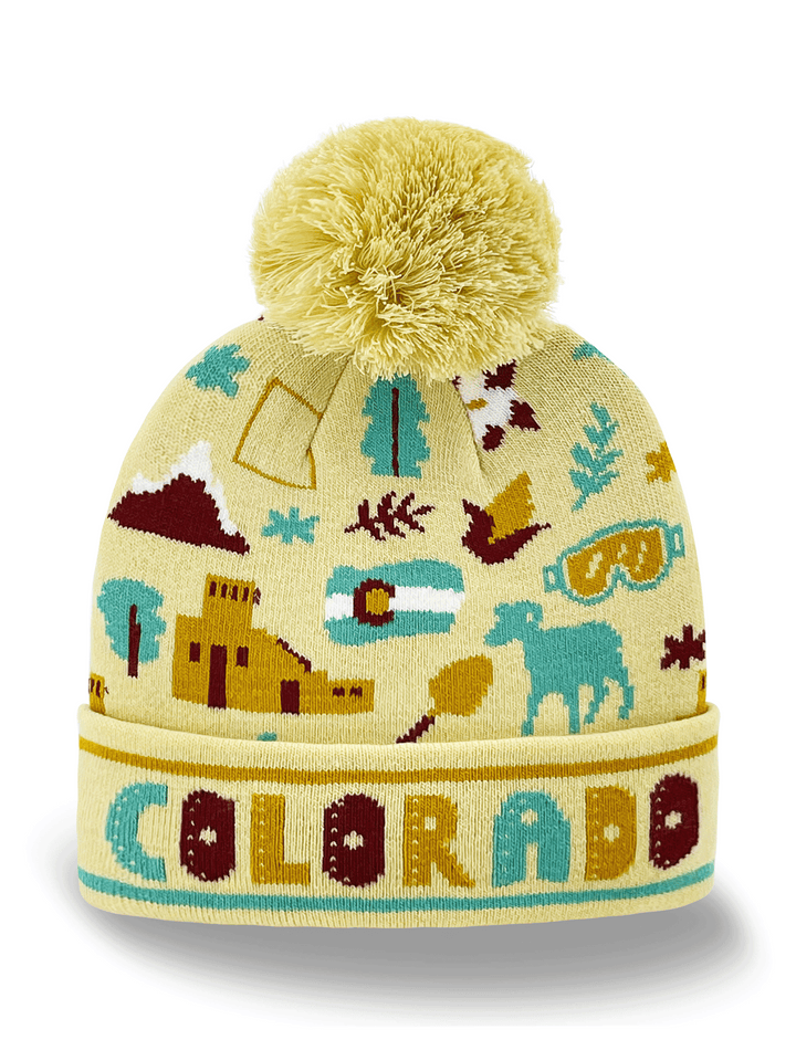 Colorado Knit Beanie Winter Hat with Mountain Icons Skiing Design Pom Pom